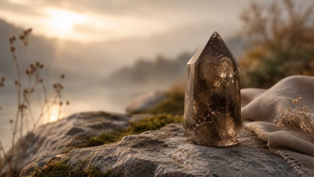 Smoky quartz crystal resting on natural stone with soft morning light, moss, and an earthy landscape in the background.