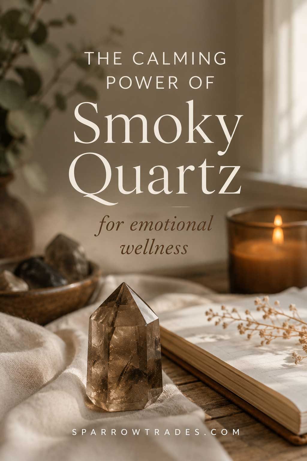 Smoky quartz crystal displayed beside an open journal and candle in a warm, calming setting with text about smoky quartz for emotional wellness.