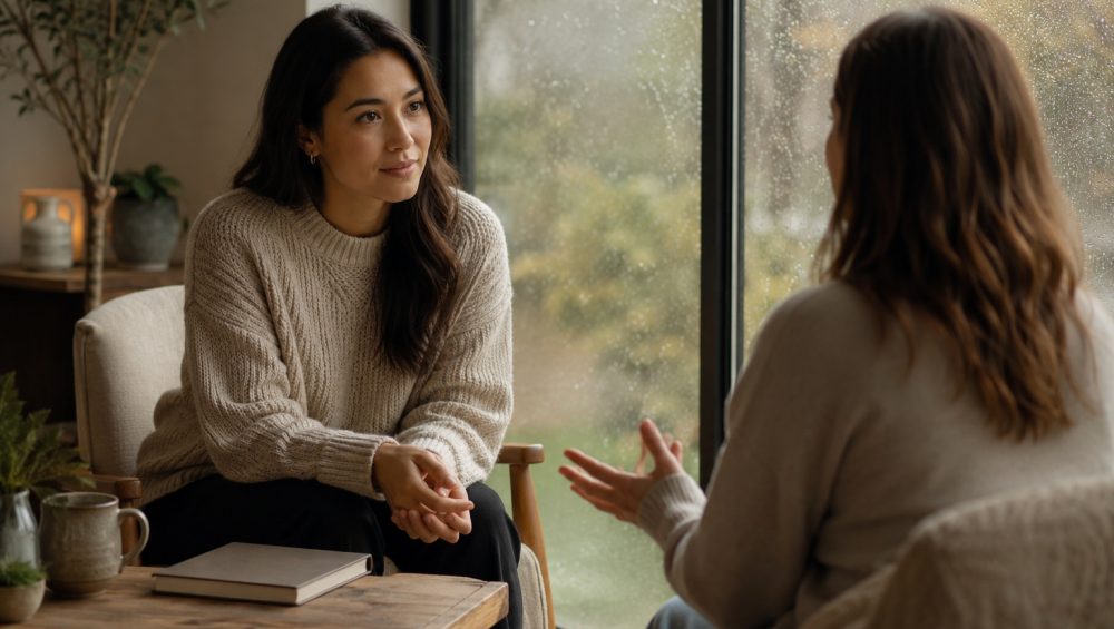 Two people sitting across from each other during a calm conversation, with one person listening attentively in a softly lit room.