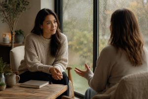 Two people sitting across from each other during a calm conversation, with one person listening attentively in a softly lit room.
