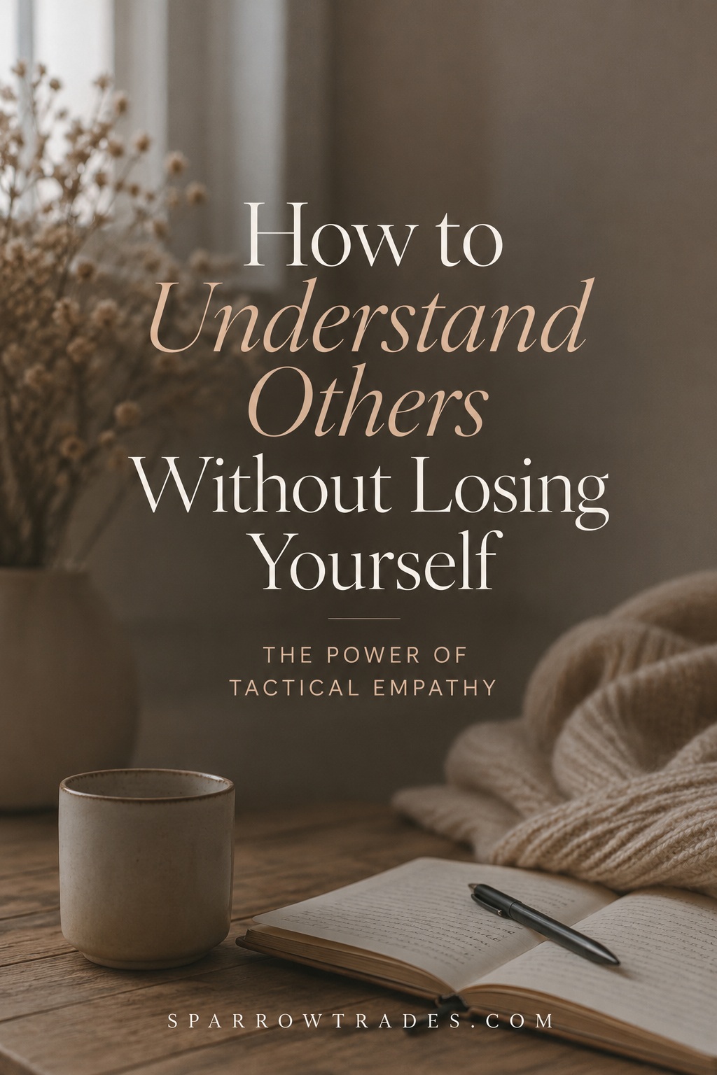 A warm, softly lit desk with an open notebook, coffee mug, and knit blanket, featuring the text "How to Understand Others Without Losing Yourself: The Power of Tactical Empathy."