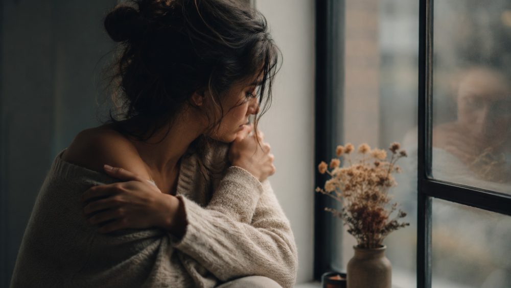 A person sitting quietly by a window hugging themselves while reflecting, with a soft reflection visible in the glass.