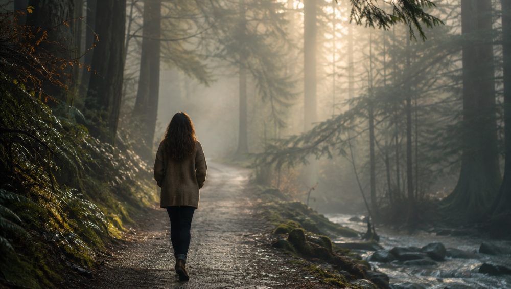 Person walking alone along a misty forest path surrounded by tall trees in soft morning light.