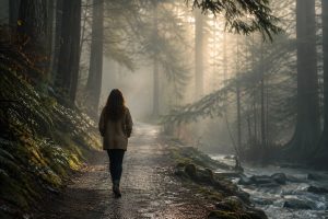 Person walking alone along a misty forest path surrounded by tall trees in soft morning light.