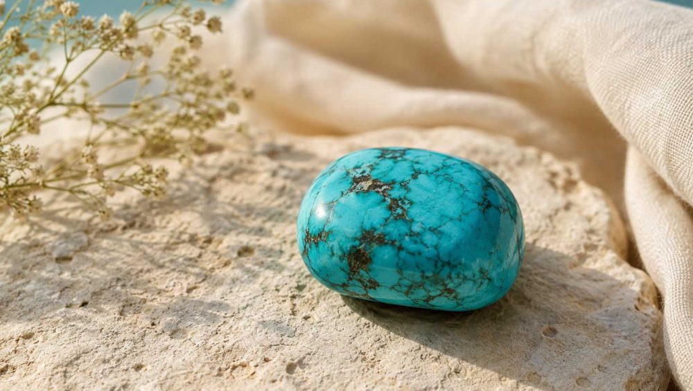 Polished turquoise gemstone resting on a natural limestone surface with soft ivory linen and dried flowers in warm natural light.