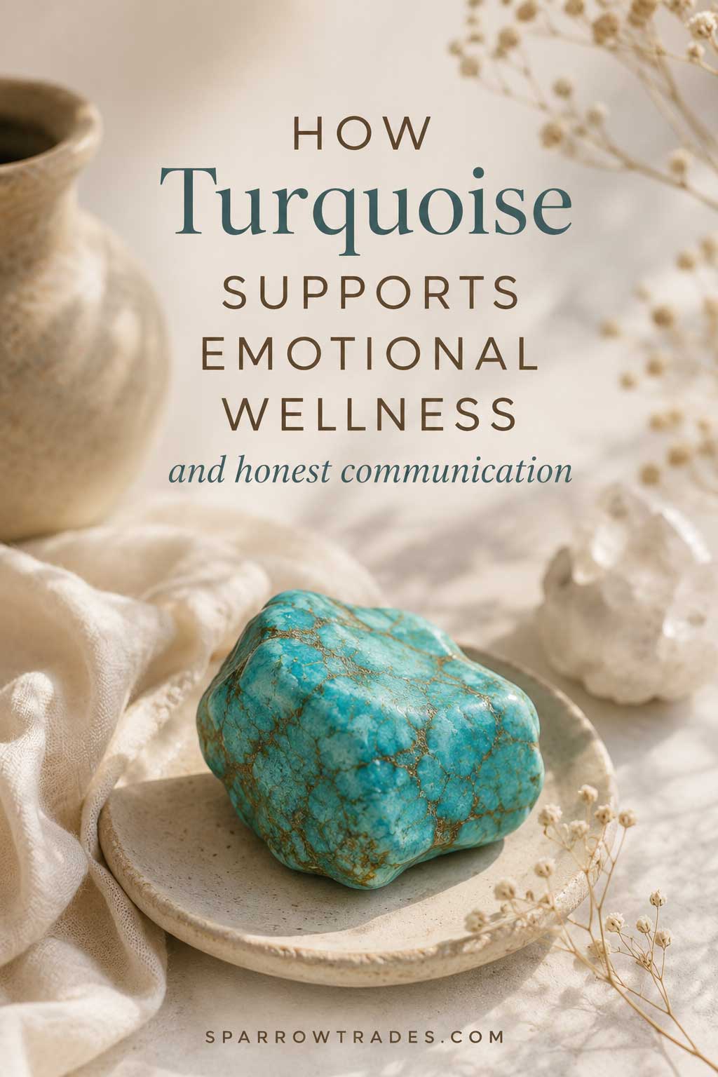 Polished turquoise gemstone resting on a ceramic dish with soft linen and dried botanicals against a warm neutral background.