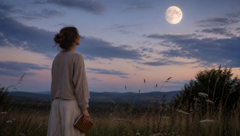 Person standing in a moonlit meadow at dusk holding a journal beneath a bright Virgo full moon.