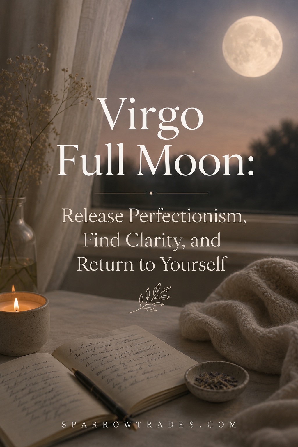 Moonlit window with an open journal, candle, and soft blanket representing quiet reflection during the Virgo full moon.