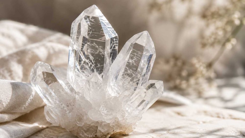 Natural clear quartz crystal cluster displayed on a light neutral surface with soft natural lighting.