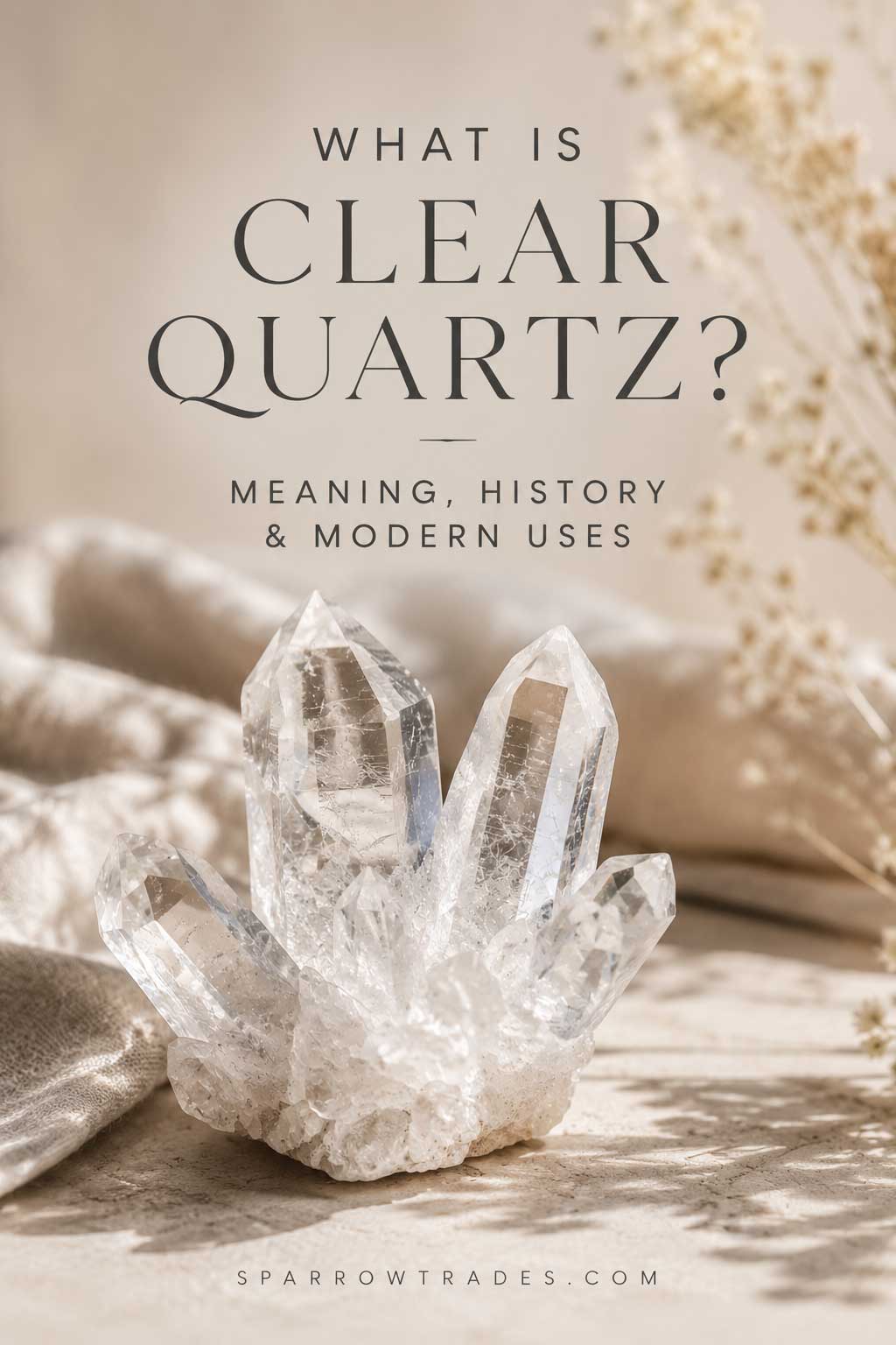 Clear quartz crystal cluster on a soft neutral background with warm natural light.