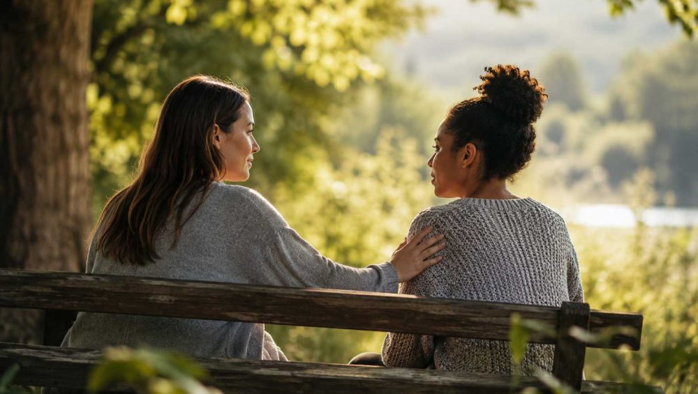 Two people sitting together on a park bench sharing a quiet, compassionate conversation in a peaceful natural setting.