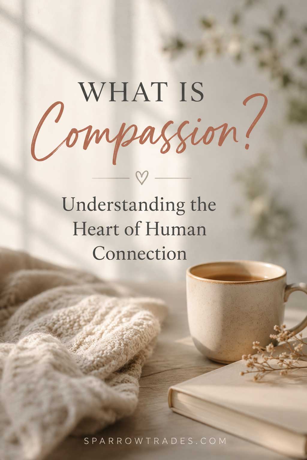 Softly lit neutral interior with a ceramic mug, cozy blanket, and book beside the title "What Is Compassion?" in an editorial wellness design.