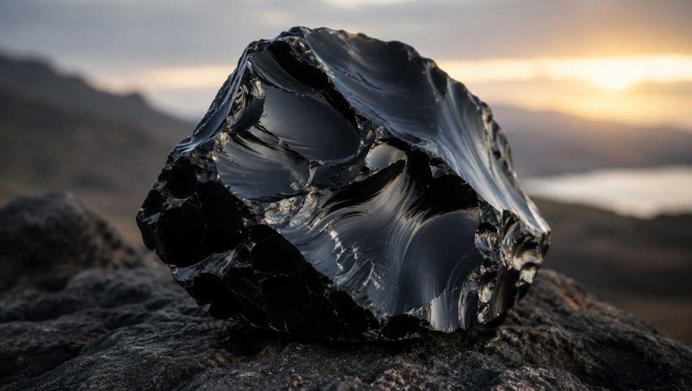 Close-up of a polished black obsidian stone resting on volcanic rock with a softly blurred natural landscape in the background.