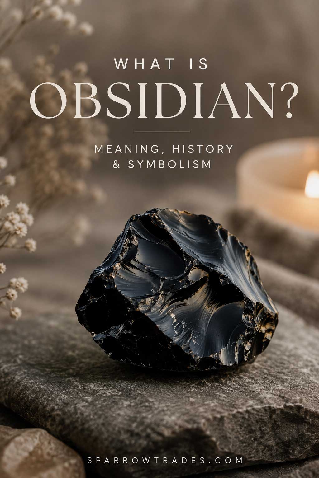 Polished black obsidian stone resting on natural rock with a softly blurred candle and dried flowers in the background.
