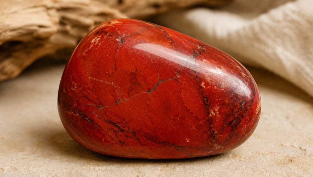 Polished red jasper gemstone resting on a neutral stone surface with a softly blurred natural background.