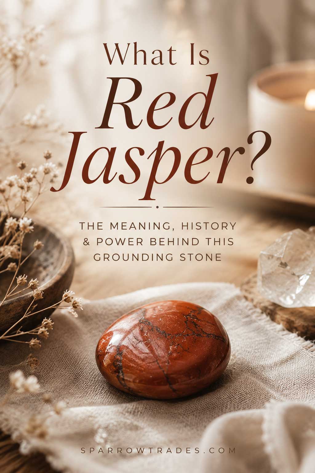Polished red jasper gemstone resting on soft natural fabric with warm neutral tones and editorial styling.