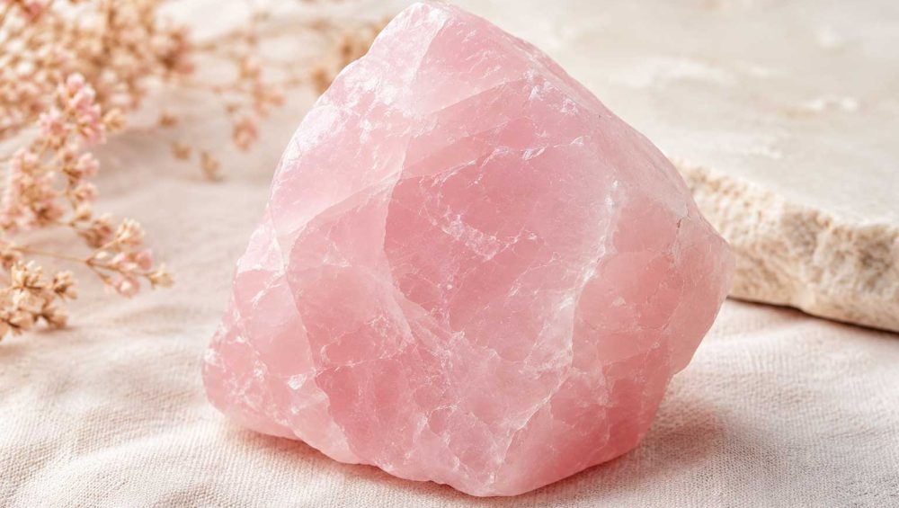 A large polished rose quartz gemstone resting on a soft ivory linen surface with warm natural light and a gently blurred background.
