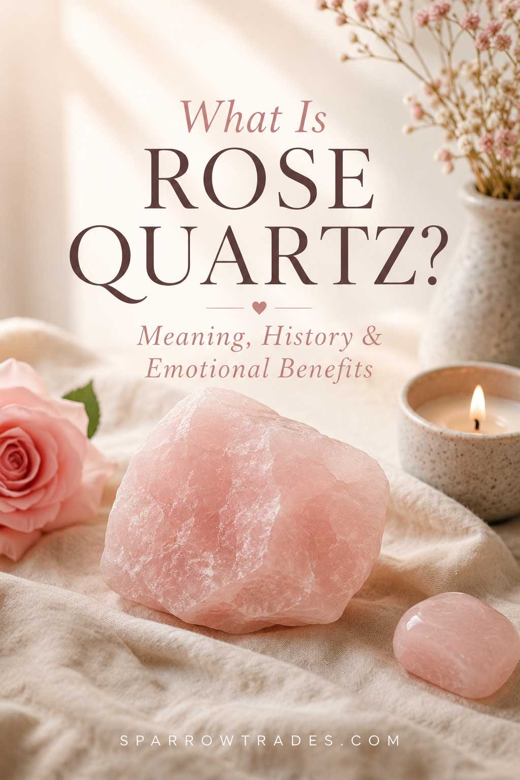 A large rose quartz gemstone resting on soft ivory fabric with delicate pink flowers and warm natural light.