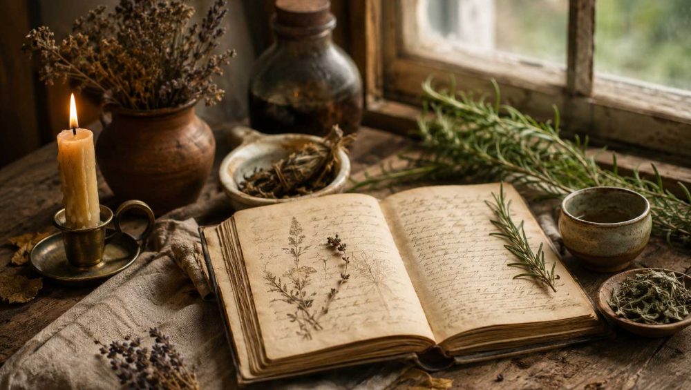 Open antique journal with dried herbs, a candle, and natural objects on a rustic wooden table beside a window.