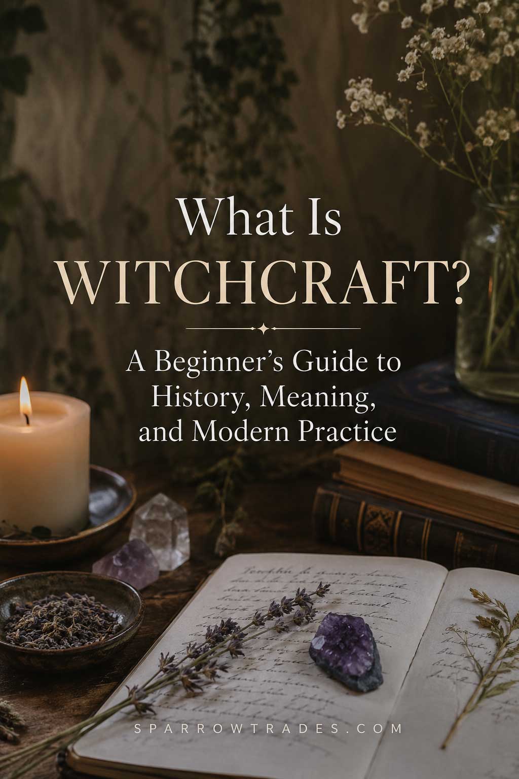 Open journal with dried herbs, natural crystals, books, and a candle arranged on a rustic wooden table in a softly lit setting.