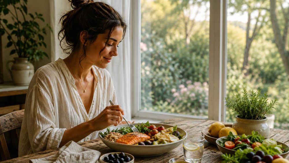 A person enjoying a Mediterranean-style meal with salmon, vegetables, whole grains, and olive oil beside a sunlit window.