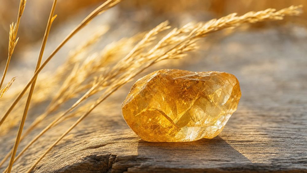 Faceted golden citrine crystal resting on a weathered wooden surface beside dried wheat stems