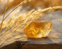 Faceted golden citrine crystal resting on a weathered wooden surface beside dried wheat stems