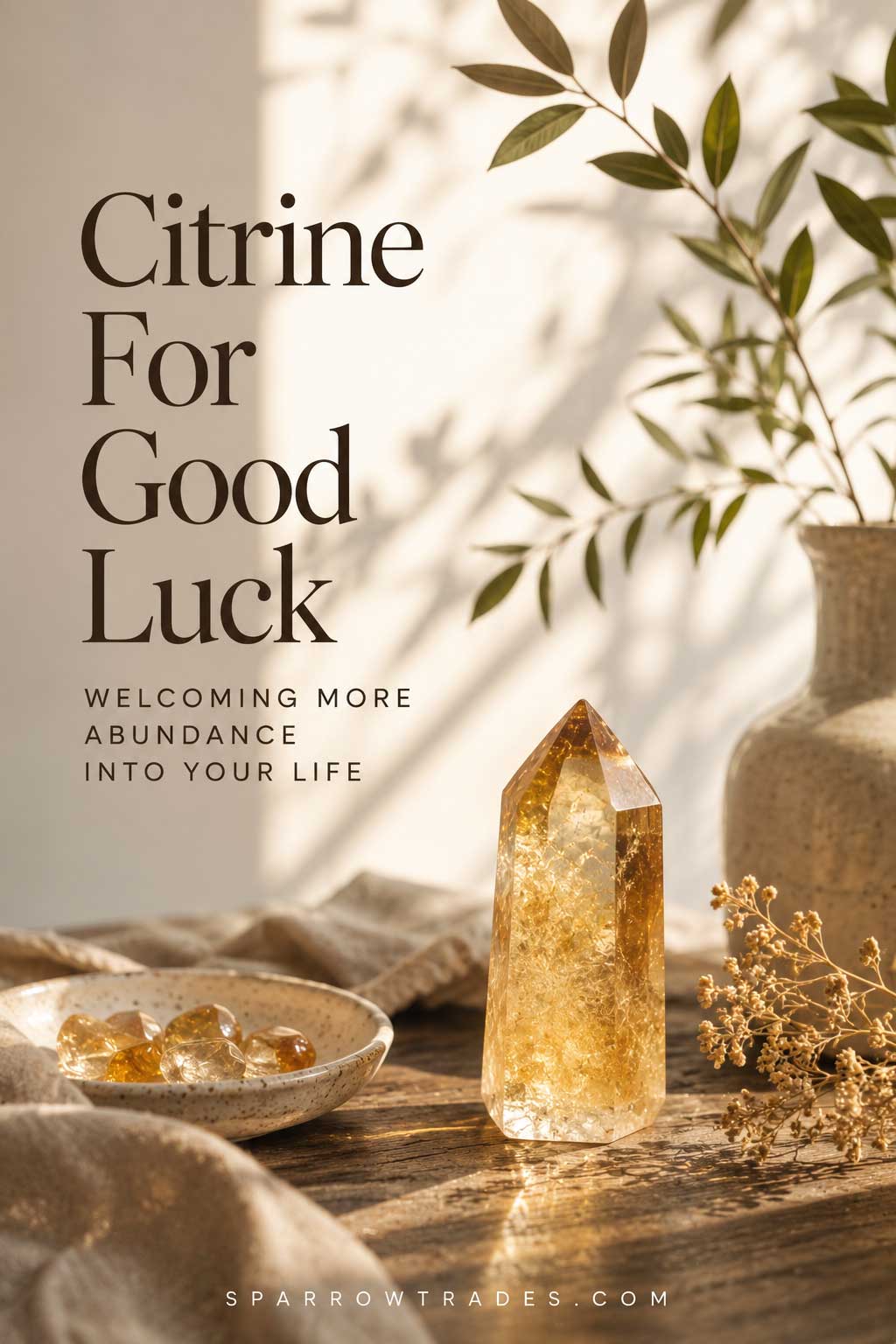 Golden citrine crystals arranged on a warm wooden surface in soft natural sunlight with neutral linens and greenery.