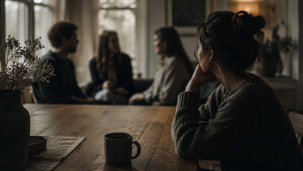 A thoughtful person sits apart from three blurred people in the background, quietly observing a social interaction in a softly lit room.