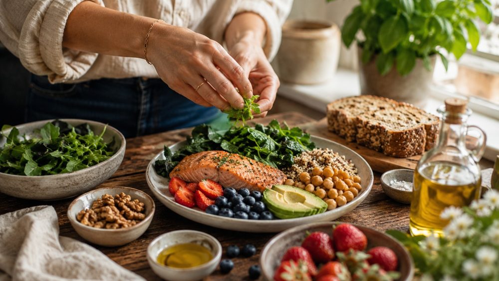 Person preparing a colorful meal with salmon, leafy greens, berries, avocado, chickpeas, whole grains, walnuts, and olive oil on a wooden table.