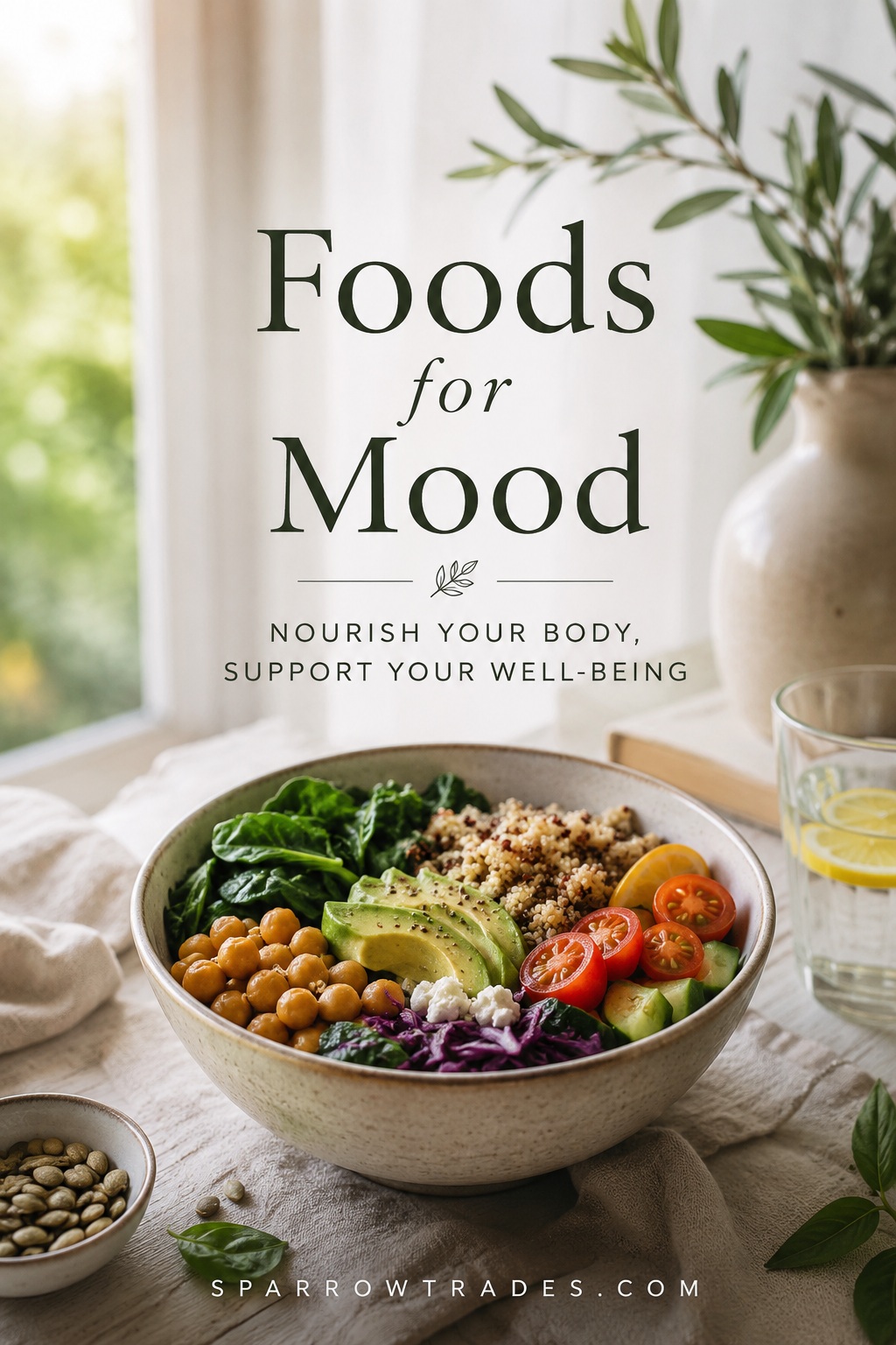 Colorful bowl of whole foods including leafy greens, chickpeas, avocado, quinoa, and fresh vegetables on a sunlit table.