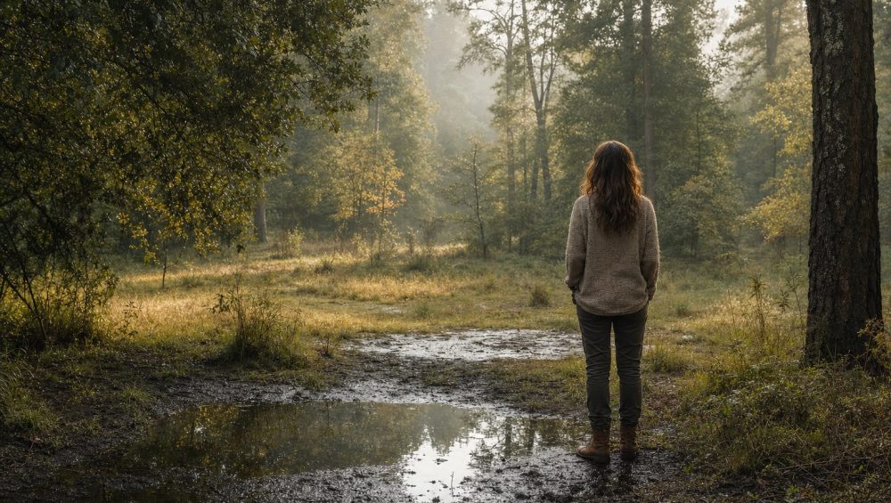 Person standing on a muddy forest path beside a puddle, facing sunlit trees.