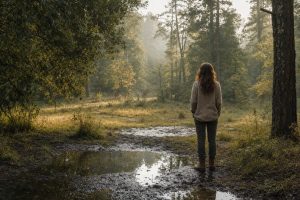 Person standing on a muddy forest path beside a puddle, facing sunlit trees.