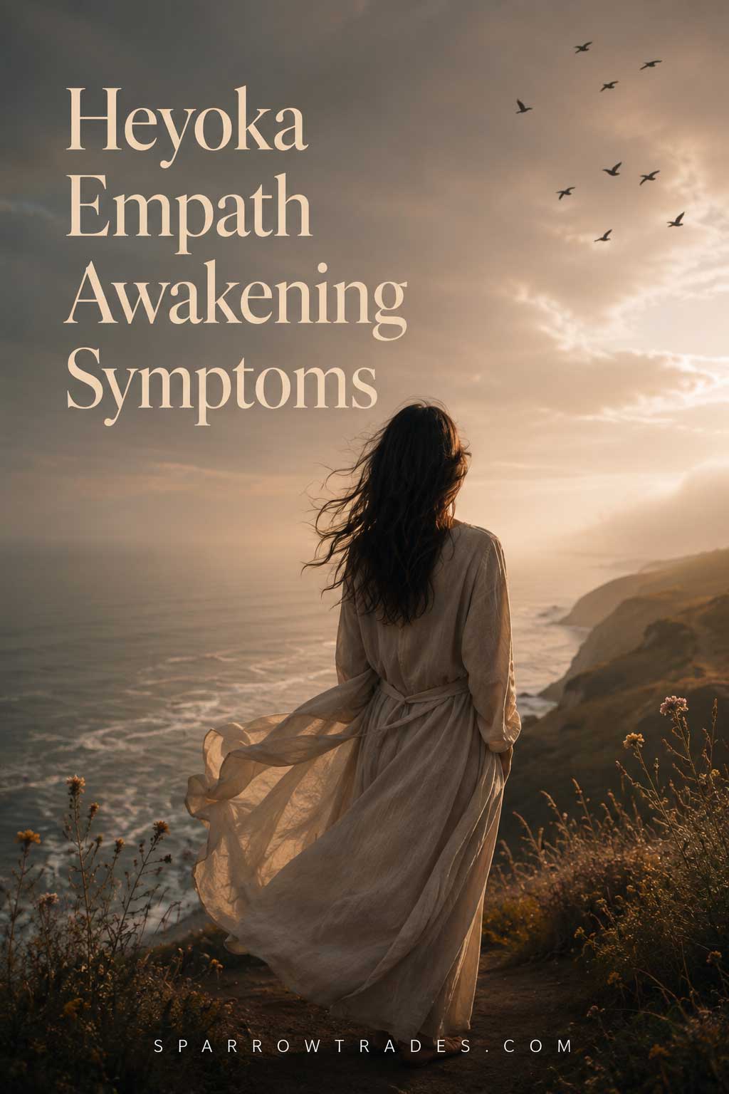 Woman standing on a coastal cliff at sunset beneath birds in flight with the text “Heyoka Empath Awakening Symptoms.”