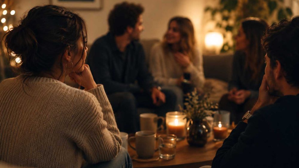 A person quietly observes a group conversation, paying attention to body language, facial expressions, and the emotional atmosphere.
