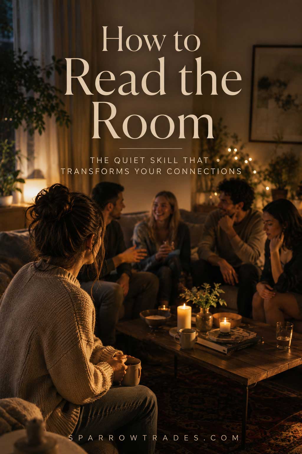 A person quietly observes a group conversation in a cozy living room while noticing the expressions, body language, and emotional atmosphere of those around them.