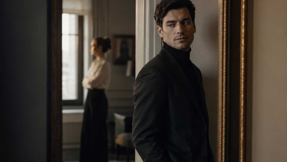 A thoughtfully dressed man stands near a doorway while another person remains softly blurred in the background, illustrating emotional distance and strategic interpersonal dynamics.