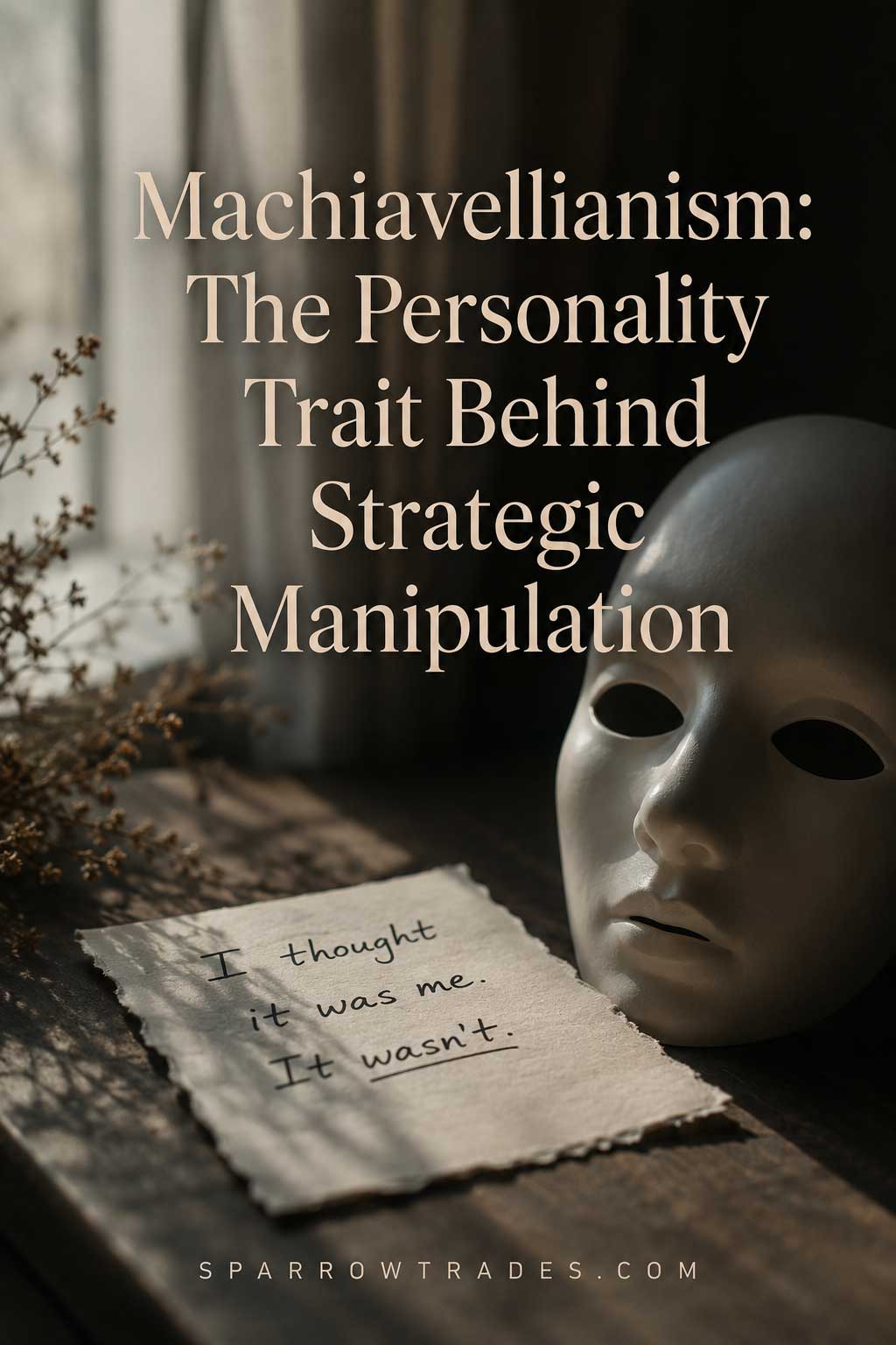 A white theatrical mask and a handwritten note rest on a wooden table in soft natural light, representing hidden intentions and strategic manipulation.