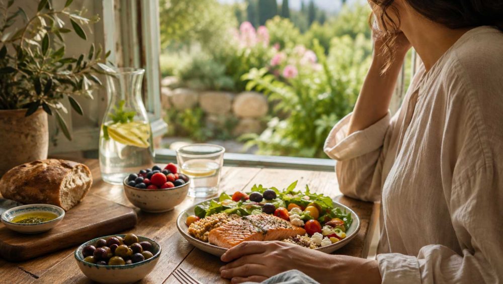 A person sits beside a window with a Mediterranean-style meal of salmon, vegetables, olives, whole grains, and fresh fruit in natural morning light.