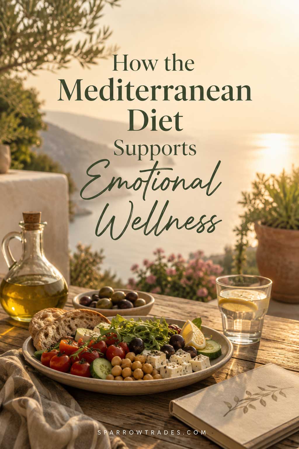 Mediterranean-style meal with fresh vegetables, olives, olive oil, whole-grain bread, and fish overlooking a peaceful coastal landscape at sunset.