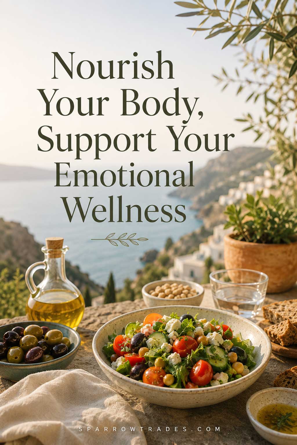 Fresh Mediterranean meal with a colorful salad, olives, olive oil, whole grain bread, and a coastal landscape in natural sunlight.