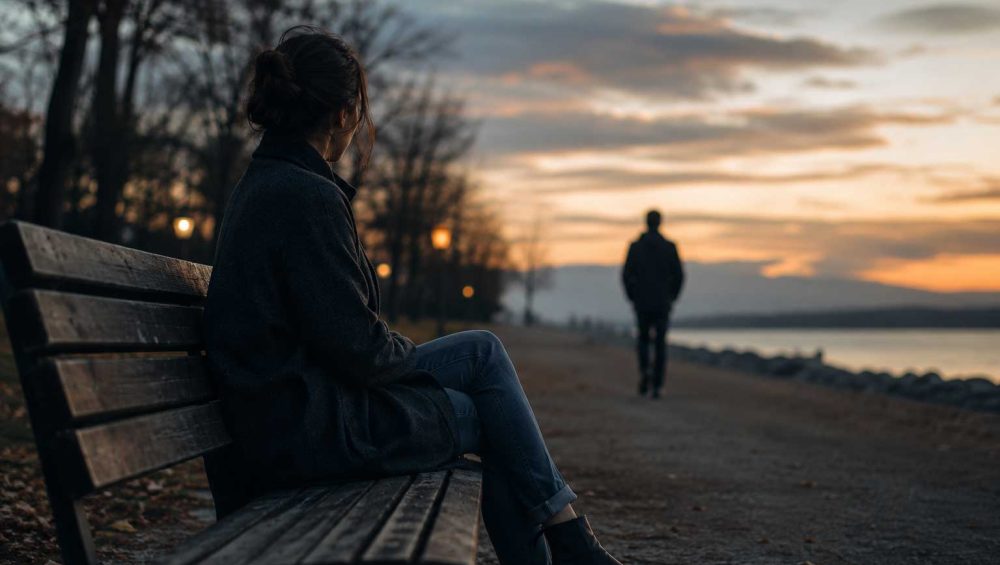 A person sitting alone on a park bench at sunset while another person walks away in the distance, symbolizing emotional detachment and relationship distance.