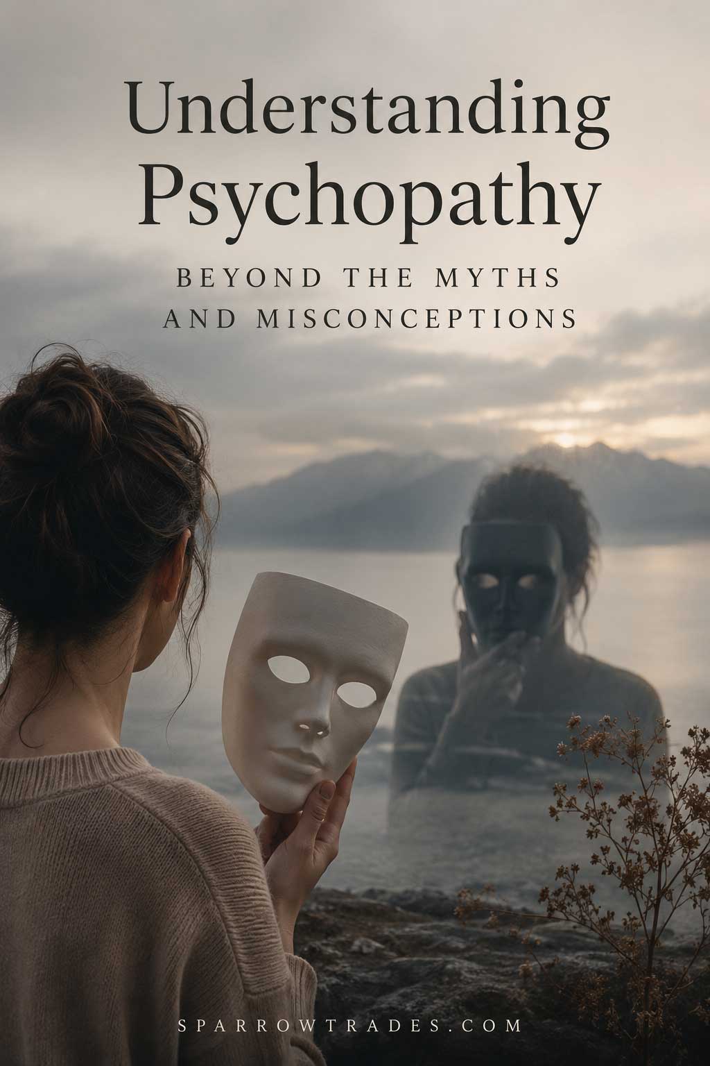 A person holding a white theatrical mask while looking toward a calm lake, with a shadowy masked reflection in the distance symbolizing emotional detachment and the hidden nature of psychopathy.