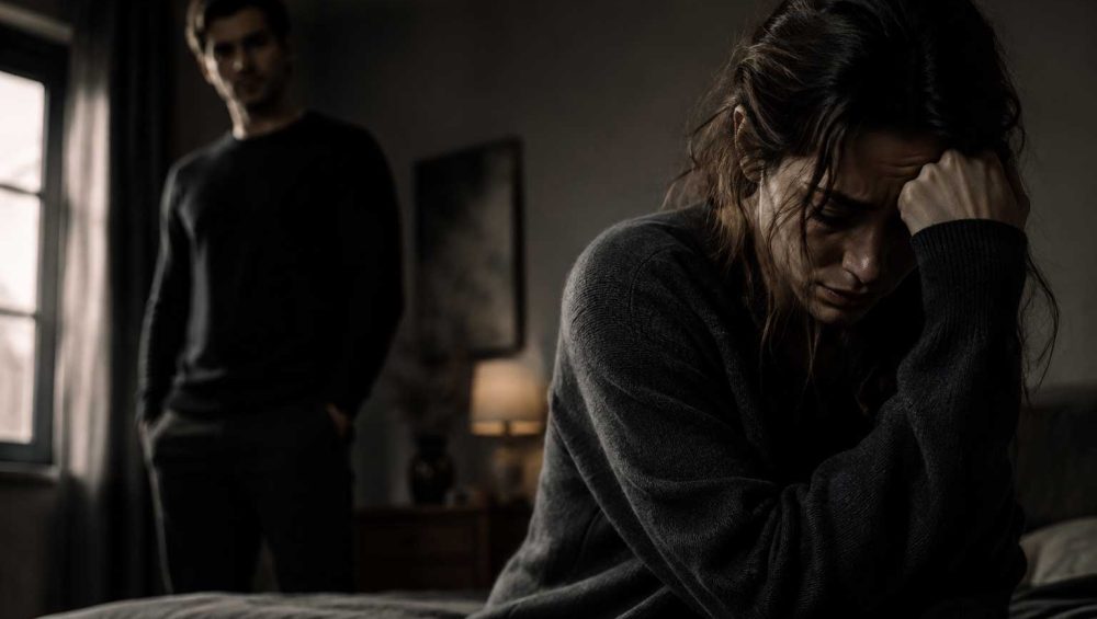 Distressed woman sitting in the foreground while a man stands quietly in the background of a dim room.