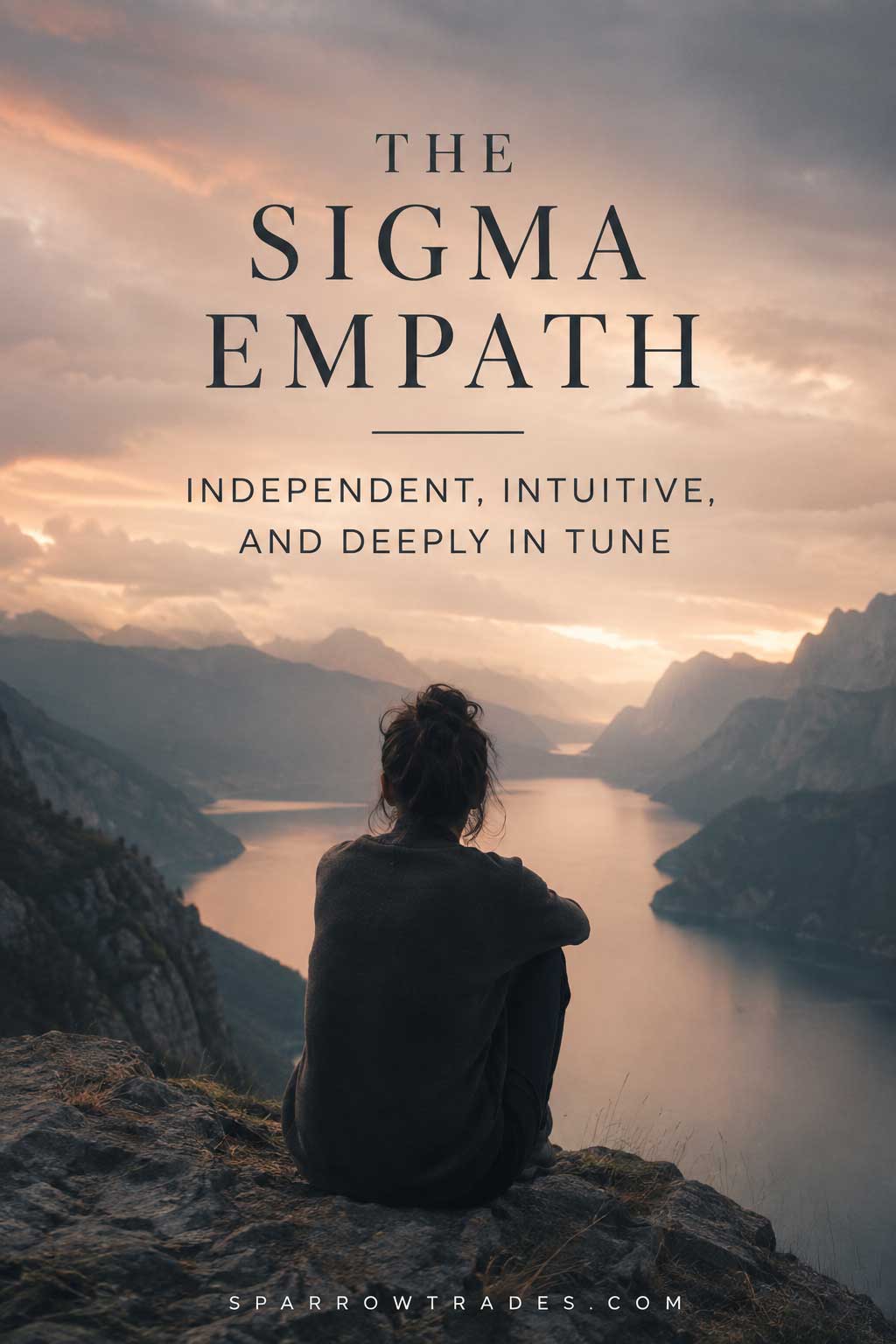Person sitting alone on a rocky overlook above a mountain lake at sunset