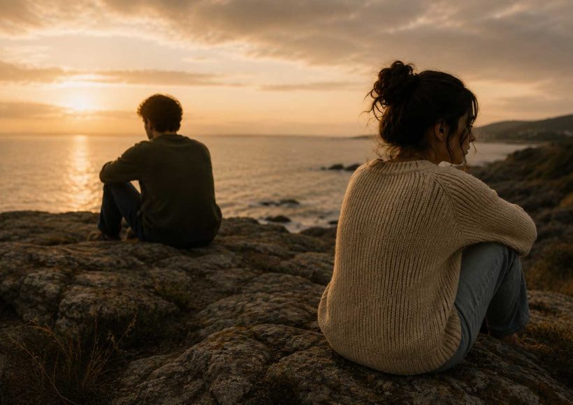 Two people sitting apart on a rocky coastline at sunset, looking away from each other.