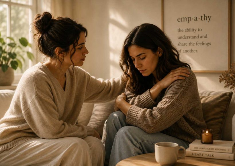 One person offering comfort to another during a quiet conversation in a warmly lit living room.