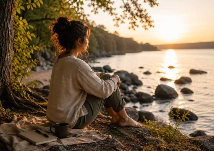 A person sitting barefoot beside a peaceful lakeshore at sunset, reflecting quietly in a natural outdoor setting.