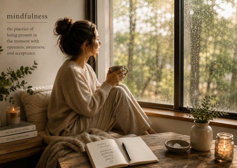 A woman sits by a rain-speckled window holding a warm mug while reflecting quietly in a calm, cozy room with a journal nearby.