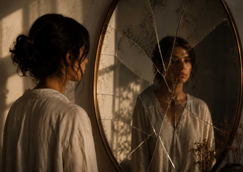 A person looking into a cracked mirror with a fragmented reflection in a softly lit room.